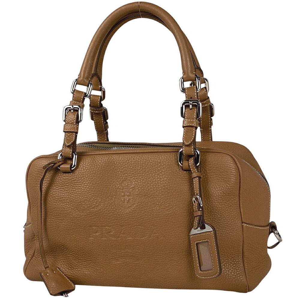 Prada Logo Shoulder Bag Handbag Boston Leather Brown
